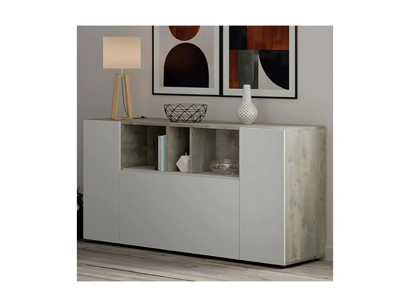 Buffet Paterson, Buffet de salon, Buffet de salon avec compartiments, Meuble TV, Armoire moderne avec 3 portes, 150x41h76 cm, Blanc et Chêne