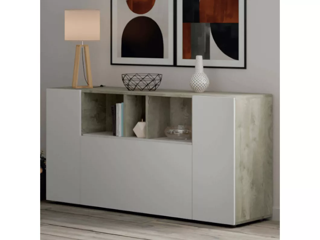 Kauf Unique Paterson Sideboard, Wohnzimmer-Sideboard, Wohnzimmer-Buffet mit Fächern, TV-Ständer, moderner Kleiderschrank mit 3 Türen, 150 x 41 x 76 cm, Weiß und Eiche