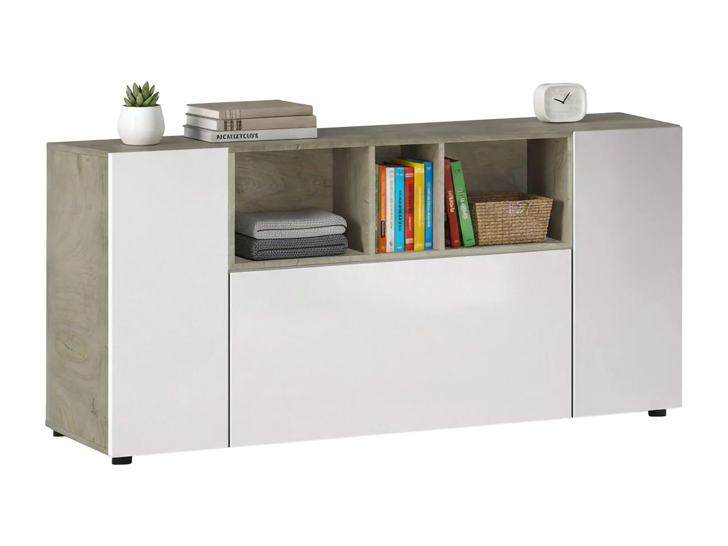 Buffet Paterson, Buffet de salon, Buffet de salon avec compartiments, Meuble TV, Armoire moderne avec 3 portes, 150x41h76 cm, Blanc et Chêne