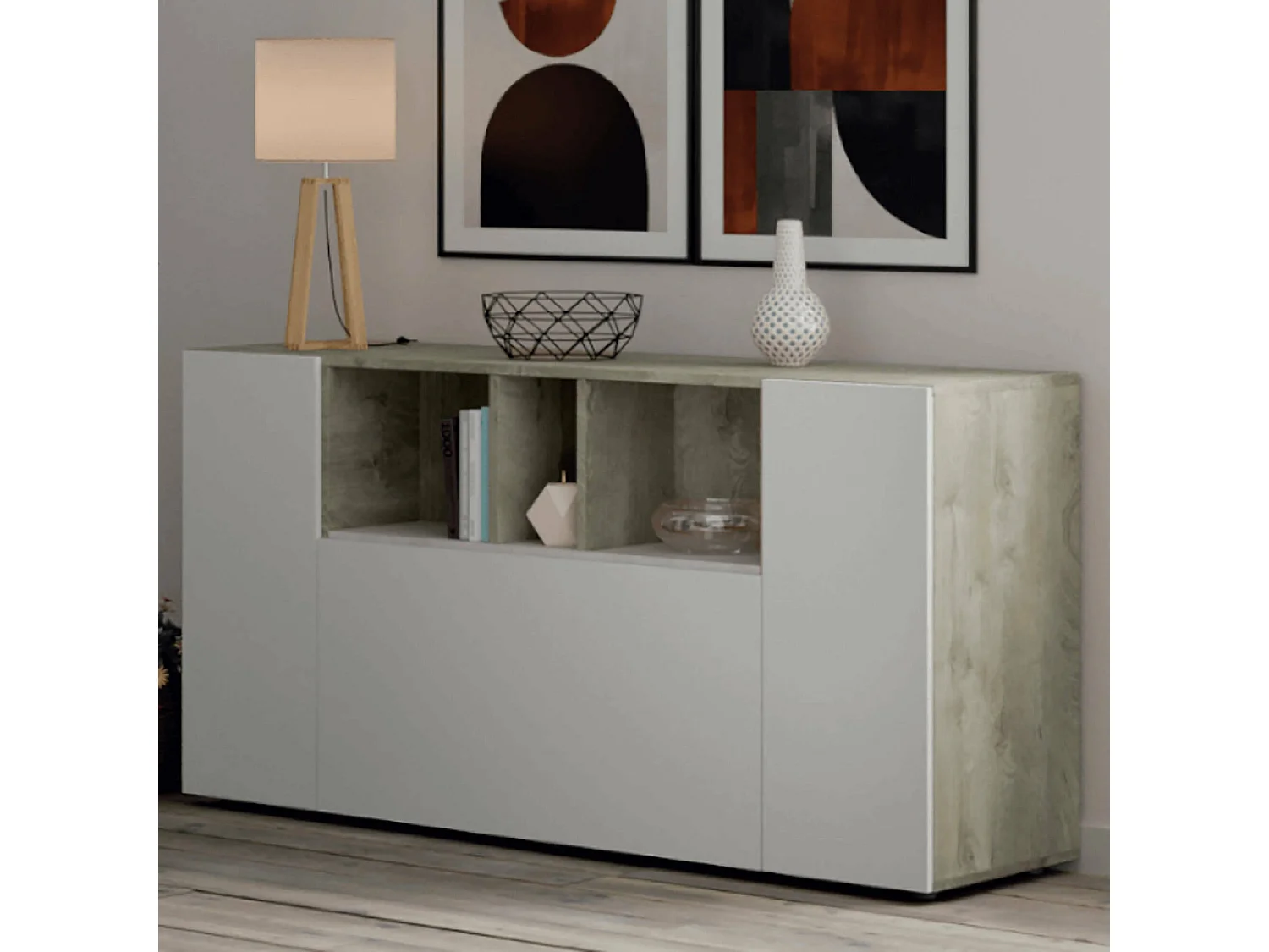 Buffet Paterson, Buffet de salon, Buffet de salon avec compartiments, Meuble TV, Armoire moderne avec 3 portes, 150x41h76 cm, Blanc et Chêne