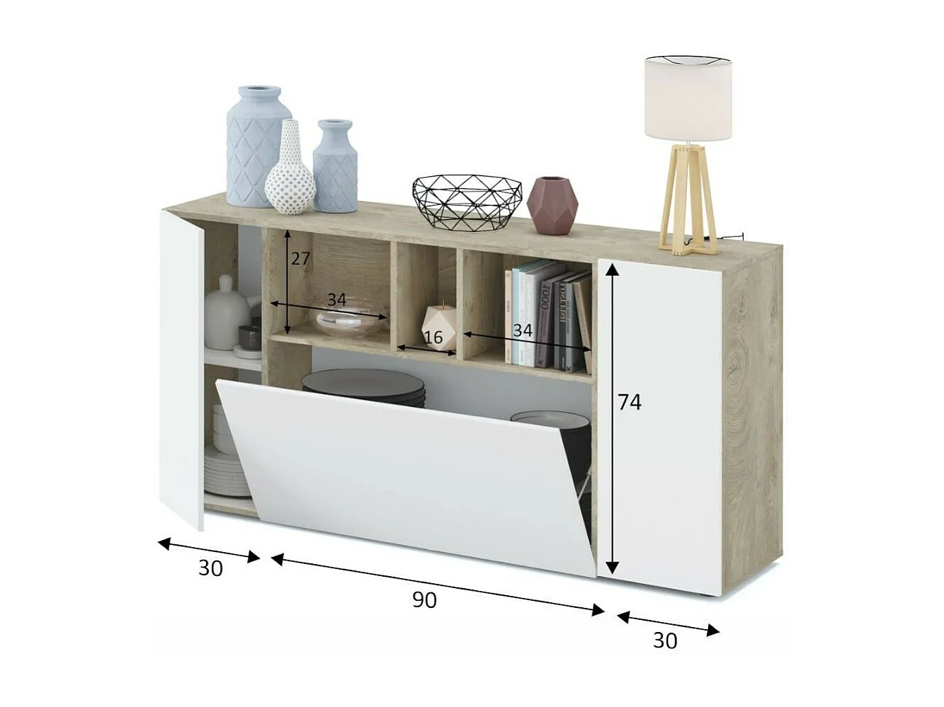 Buffet Paterson, Buffet de salon, Buffet de salon avec compartiments, Meuble TV, Armoire moderne avec 3 portes, 150x41h76 cm, Blanc et Chêne