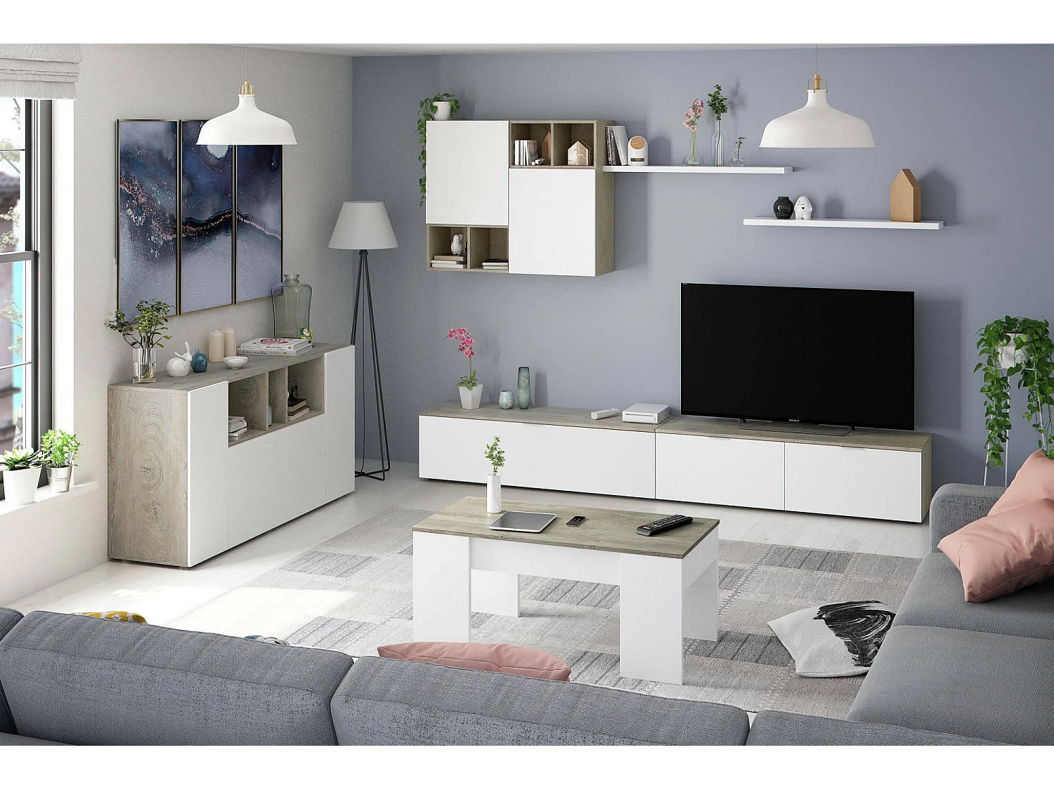 Buffet Paterson, Buffet de salon, Buffet de salon avec compartiments, Meuble TV, Armoire moderne avec 3 portes, 150x41h76 cm, Blanc et Chêne