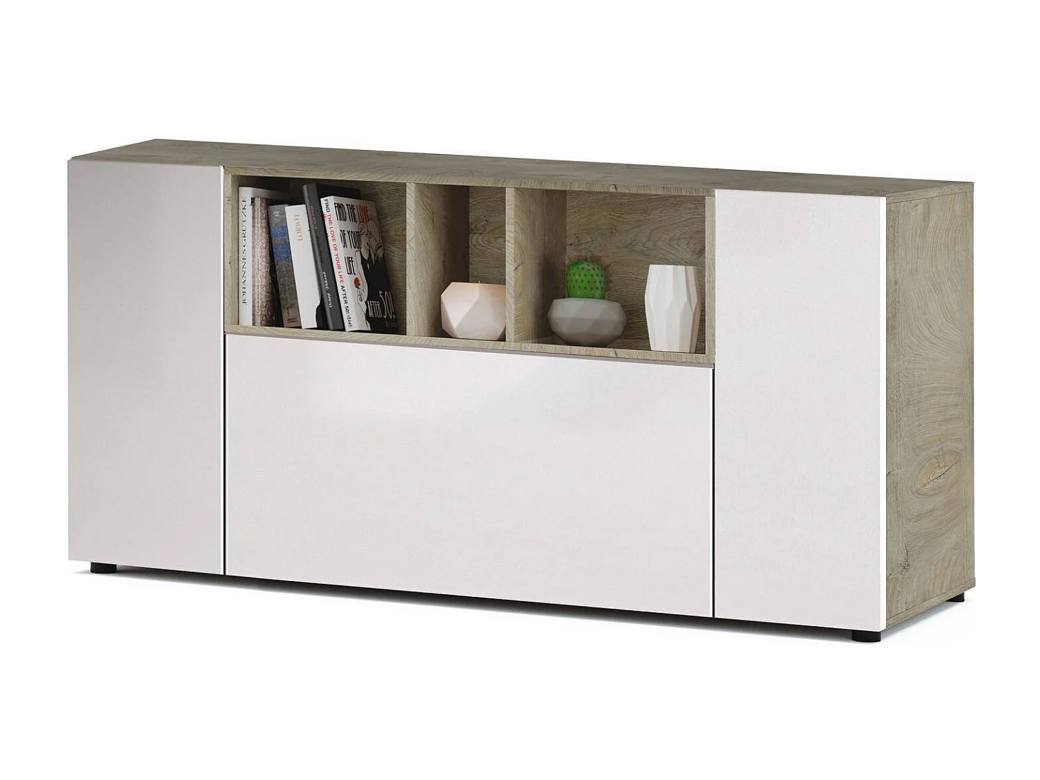 Buffet Paterson, Buffet de salon, Buffet de salon avec compartiments, Meuble TV, Armoire moderne avec 3 portes, 150x41h76 cm, Blanc et Chêne