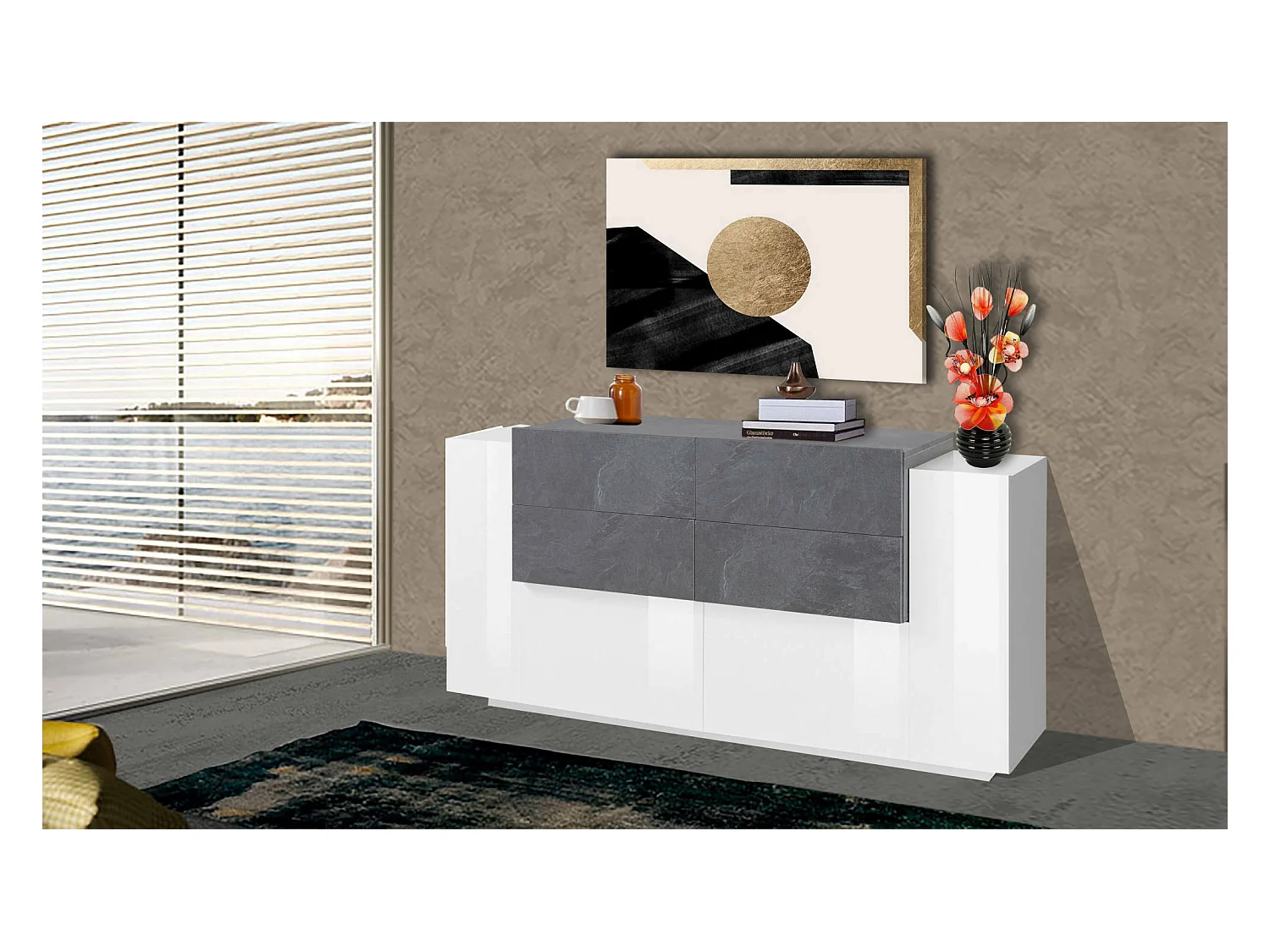 Buffet Alberto, Buffet de cuisine avec 2 portes et 4 tiroirs, Buffet de salon, Buffet de cuisine, 100% Made in Italy, 160x45h86 cm, Blanc brillant et ardoise