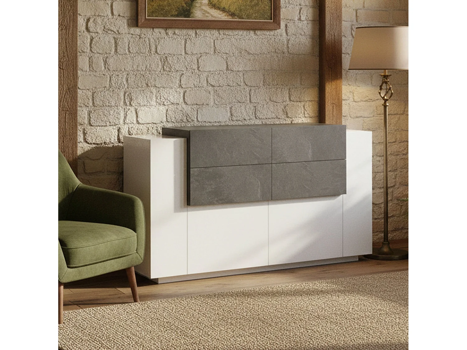 Buffet Alberto, Buffet de cuisine avec 2 portes et 4 tiroirs, Buffet de salon, Buffet de cuisine, 100% Made in Italy, 160x45h86 cm, Blanc brillant et ardoise