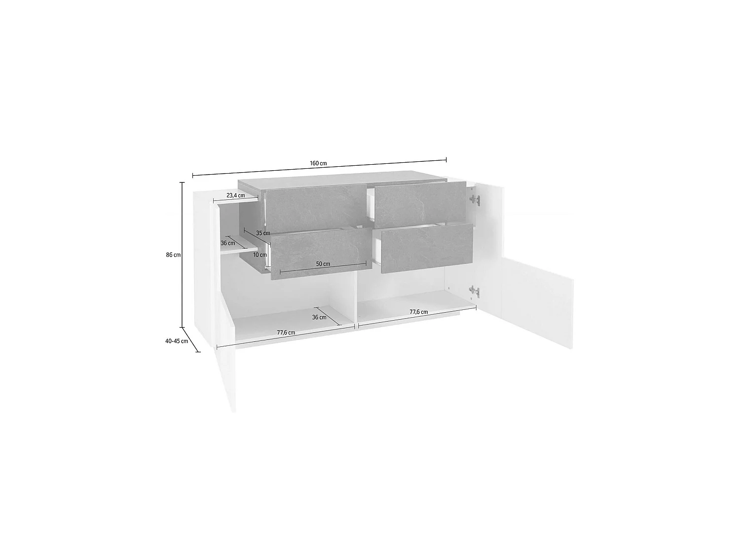 Aparador Alberto, Aparador de cocina con 2 puertas y 4 cajones, Buffet de salón, Aparador de cocina, 100% Made in Italy, 160x45h86 cm, Blanco brillo y pizarra