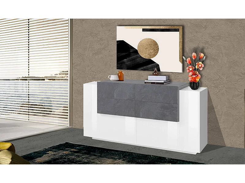 Aparador Alberto, Aparador de cocina con 2 puertas y 4 cajones, Buffet de salón, Aparador de cocina, 100% Made in Italy, 160x45h86 cm, Blanco brillo y pizarra