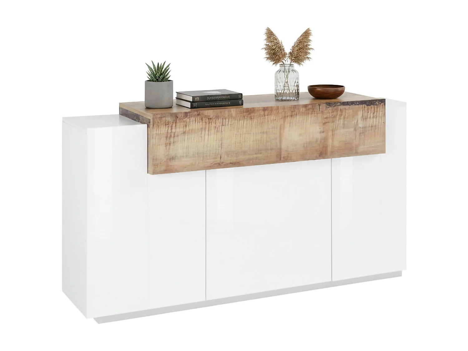 Buffet Sirio, Buffet de cuisine 3 portes, Buffet de salon, 100% Made in Italy, 160x45h86 cm, Blanc brillant et érable