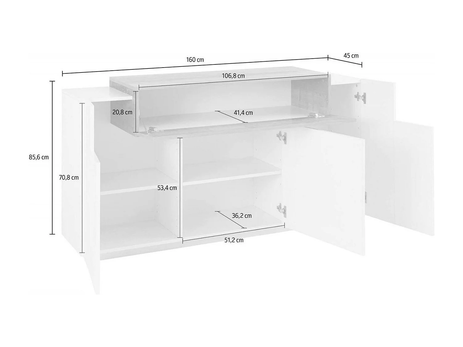 Buffet Sirio, Buffet de cuisine 3 portes, Buffet de salon, 100% Made in Italy, 160x45h86 cm, Blanc brillant et érable