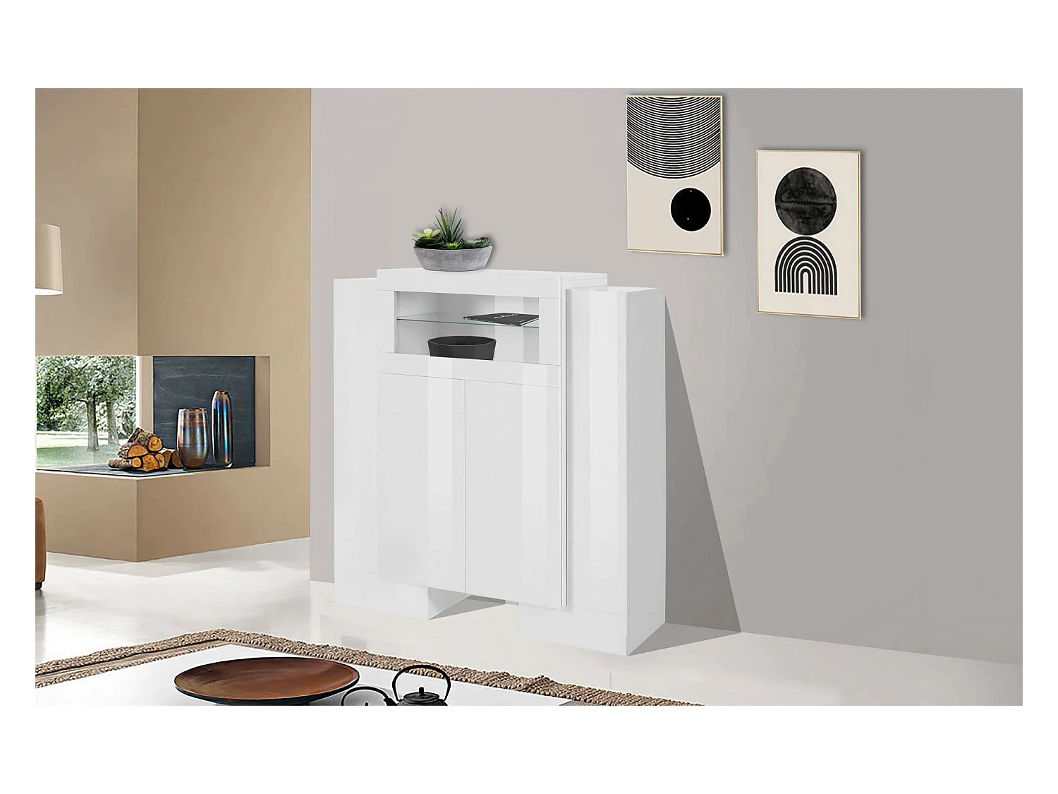 Sean dressoir, 5-deurs keukendressoir, Woonkamerbuffet, 100% Made in Italy, 130x45h135 cm, Glanzend wit