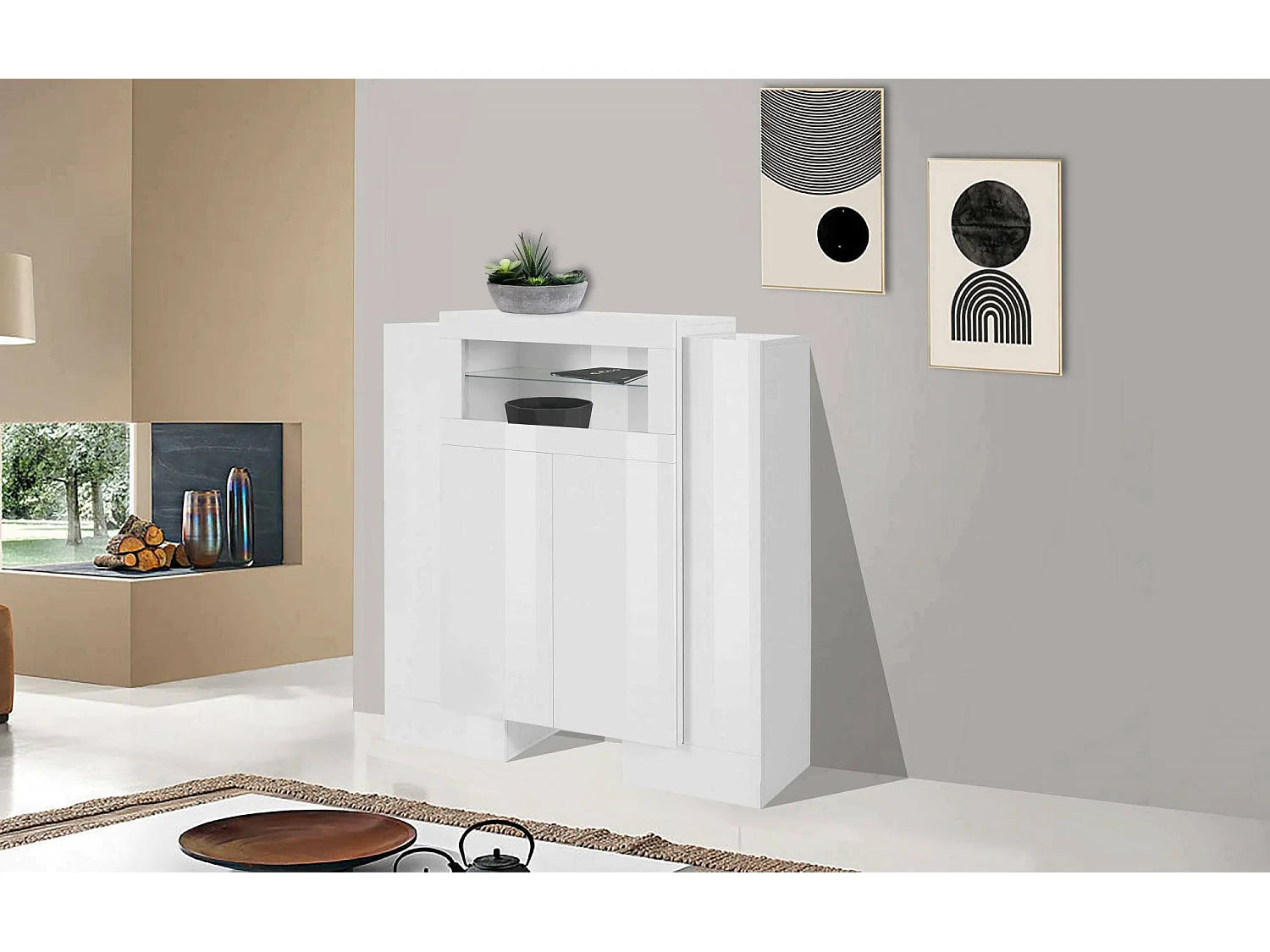 Dmora Dressoir Sean 45x130x135h cm Wit Glanzend 9 Planken 13 Vakken, Kast 5 Deuren Made in Italy