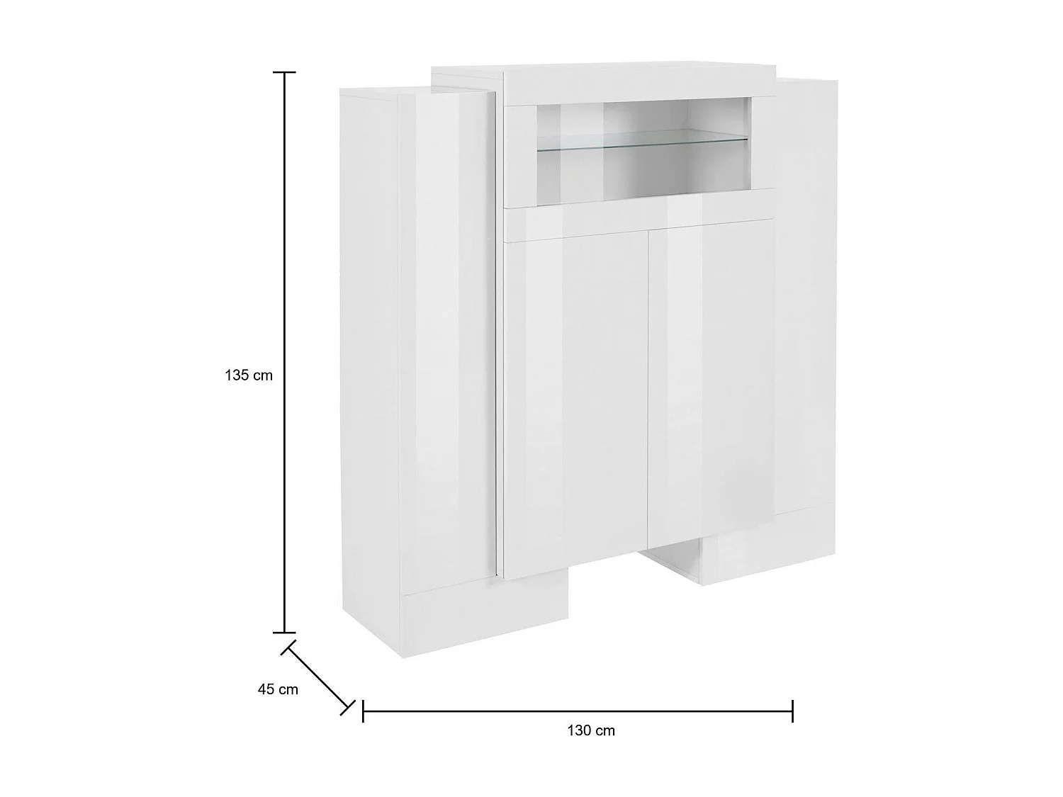 Dmora Dressoir Sean 45x130x135h cm Wit Glanzend 9 Planken 13 Vakken, Kast 5 Deuren Made in Italy