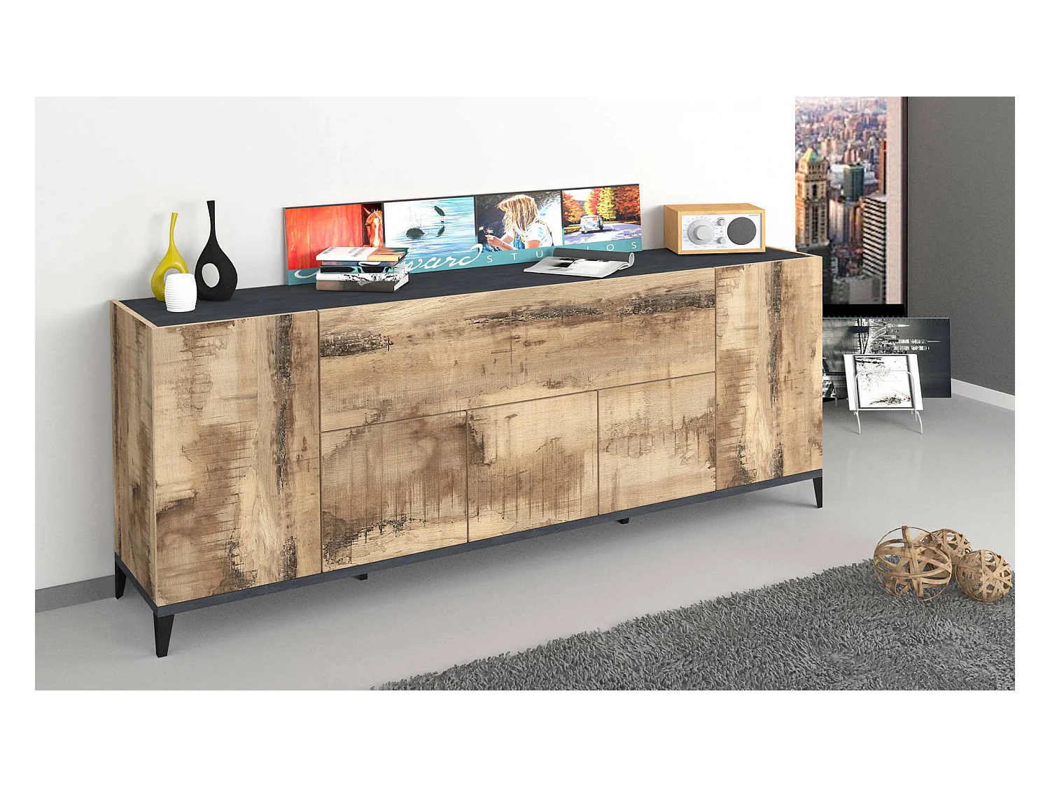 Buffet Vittorio, Buffet de cuisine 6 portes, Buffet de salon, 100% Made in Italy, 200x40h82 cm, Ardoise et Érable