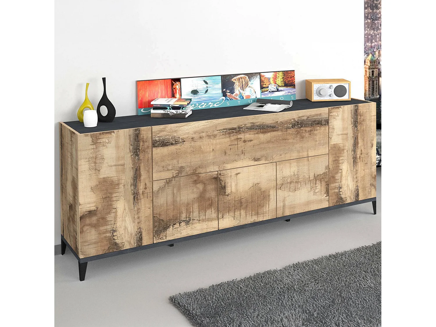 Dmora Kast Vittorio 40x200x82h cm Grijs Ardesia 2 Planken 6 Deuren, Dressoir 7 Vakjes Made in Italy