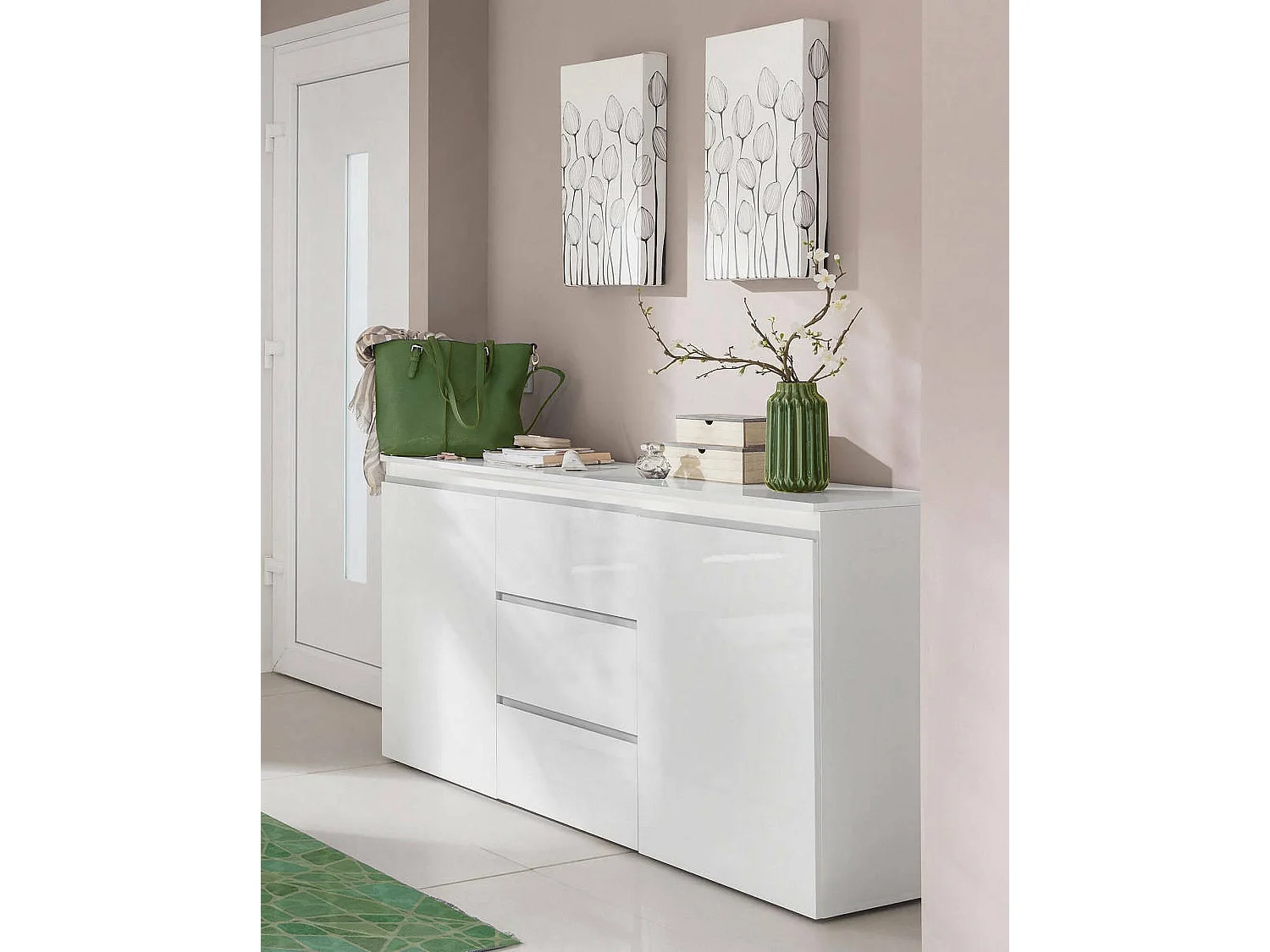 Buffet Daniel, Buffet design avec 2 portes et 3 tiroirs, Buffet de salon, Buffet de cuisine, 100% Made in Italy, 150x40h81 cm, Blanc brillant