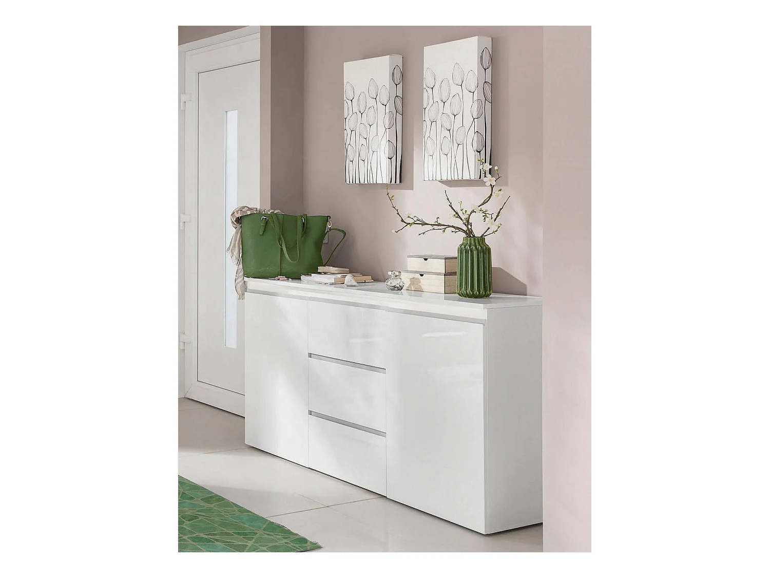 Buffet Daniel, Buffet design avec 2 portes et 3 tiroirs, Buffet de salon, Buffet de cuisine, 100% Made in Italy, 150x40h81 cm, Blanc brillant
