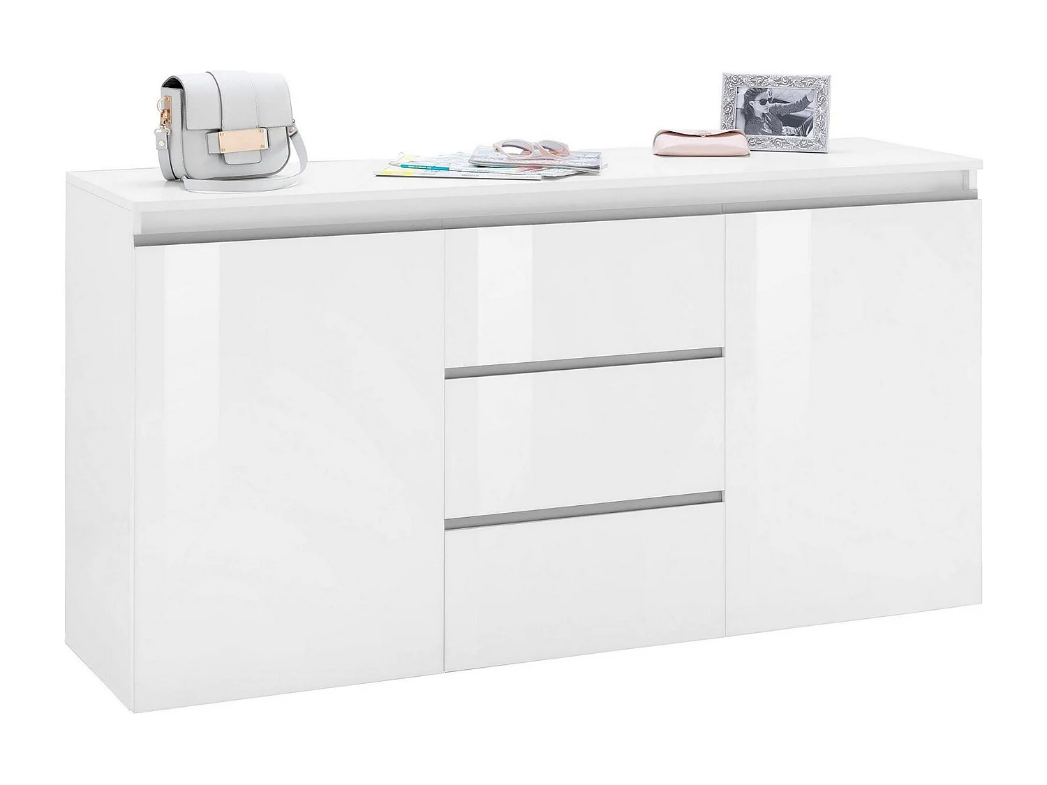 Buffet Daniel, Buffet design avec 2 portes et 3 tiroirs, Buffet de salon, Buffet de cuisine, 100% Made in Italy, 150x40h81 cm, Blanc brillant
