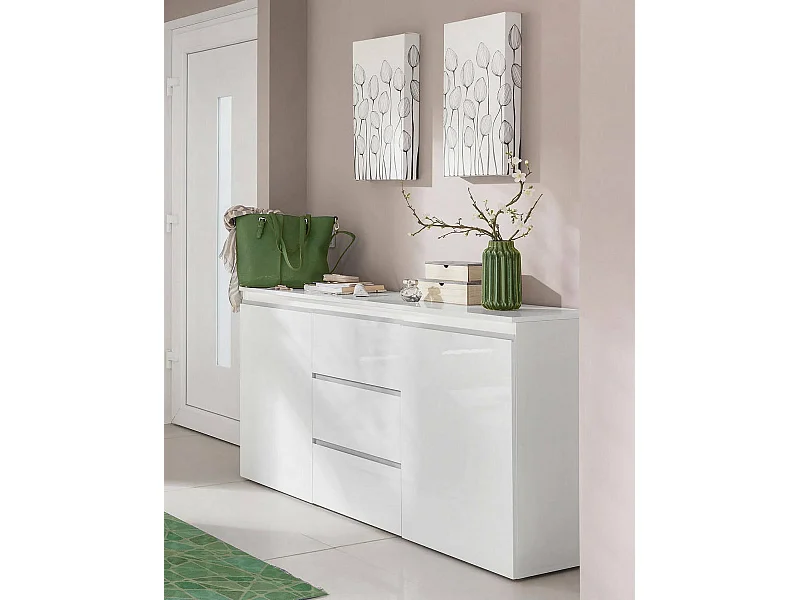 Kommode Daniel, Design-Sideboard mit 2 Türen und 3 Schubladen, Wohnzimmer-Buffet, Küchen-Sideboard, 100 % Made in Italy, 150 x 40 x 81 cm, glänzendes Weiß