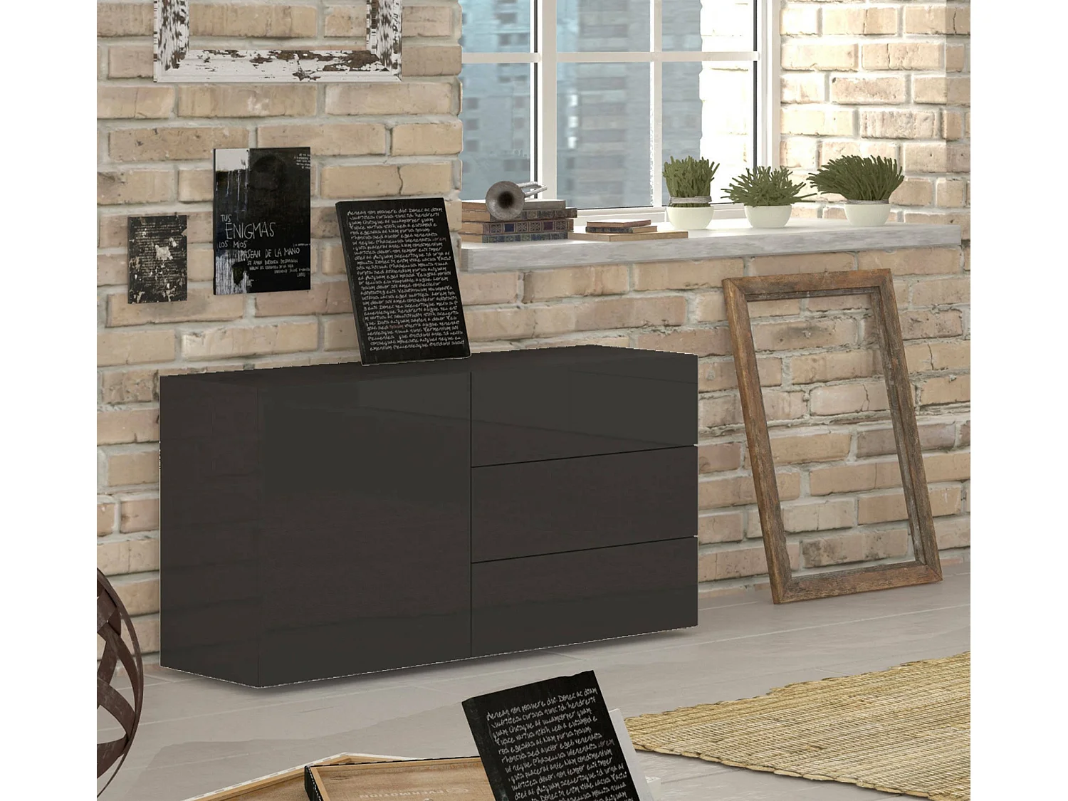 Kommode Enrico, Küchen-Sideboard mit 1 Tür und 3 Schubladen, Wohnzimmer-Buffet, Küchen-Sideboard, 100 % Made in Italy, 110 x 40 x 35 cm, glänzendes Anthrazit