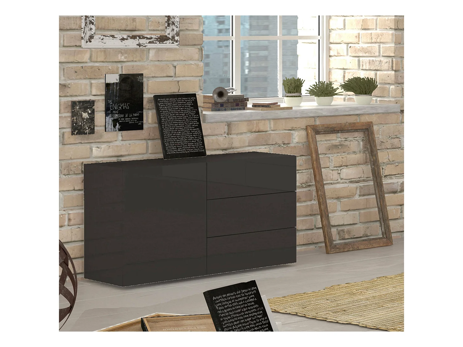 Buffet Enrico, Buffet de cuisine avec 1 porte et 3 tiroirs, Buffet de salon, Buffet de cuisine, 100% Made in Italy, 110x40h35 cm, Anthracite Brillant