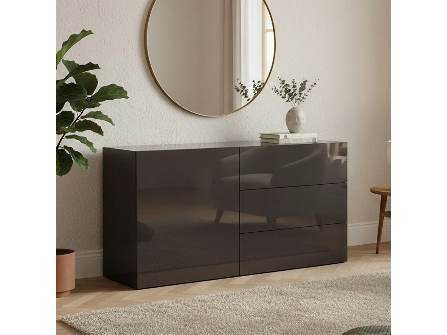 Buffet Enrico, Buffet de cuisine avec 1 porte et 3 tiroirs, Buffet de salon, Buffet de cuisine, 100% Made in Italy, 110x40h35 cm, Anthracite Brillant