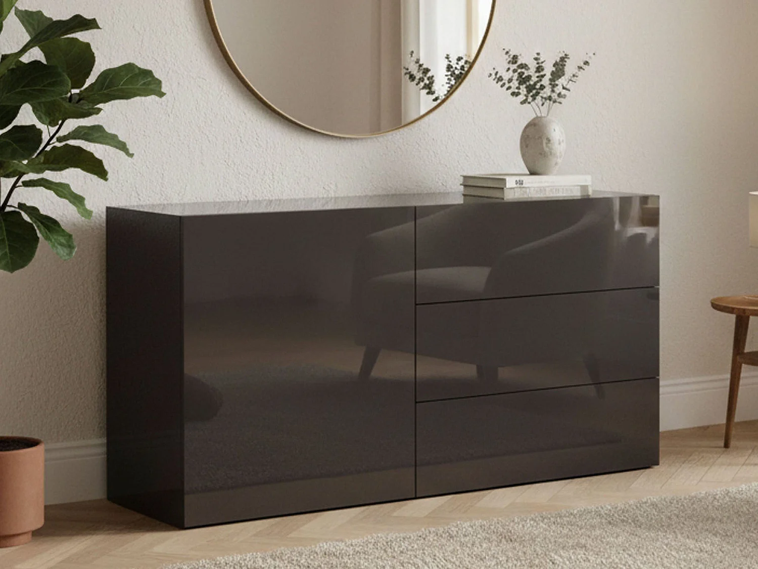 Buffet Enrico, Buffet de cuisine avec 1 porte et 3 tiroirs, Buffet de salon, Buffet de cuisine, 100% Made in Italy, 110x40h35 cm, Anthracite Brillant