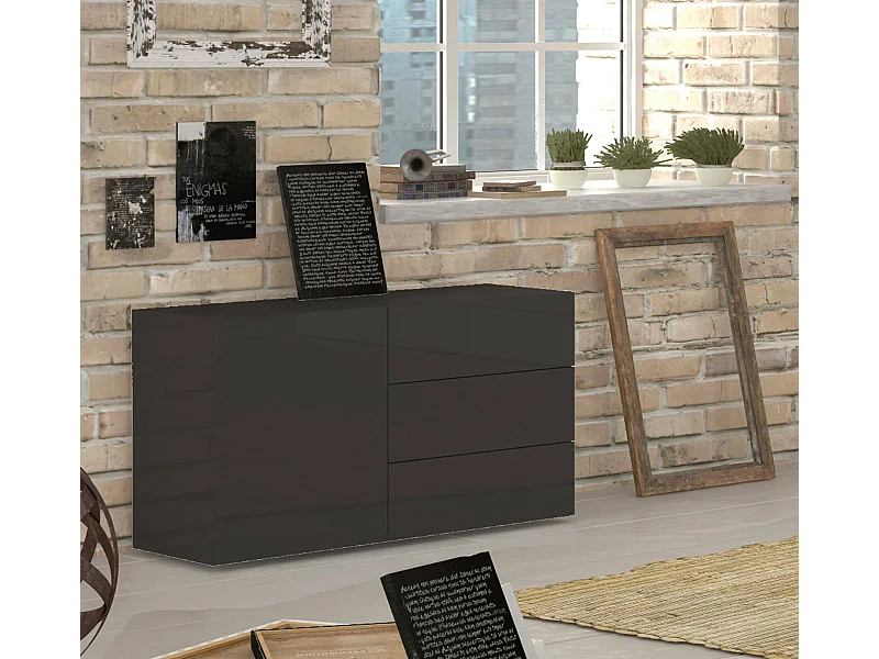 Enrico dressoir, Keukendressoir met 1 deur en 3 laden, Woonkamerbuffet, Keukendressoir, 100% Made in Italy, 110x40h35 cm, Glanzend Antraciet