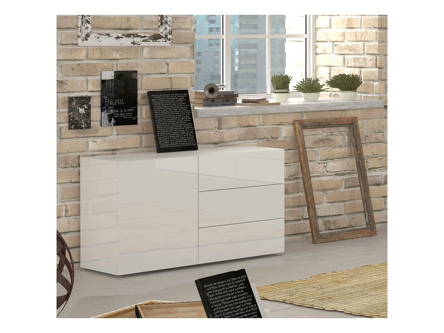 Buffet Enrico, Buffet de cuisine avec 1 porte et 3 tiroirs, Buffet de salon, Buffet de cuisine, 100% Made in Italy, 110x40h35 cm, Blanc brillant
