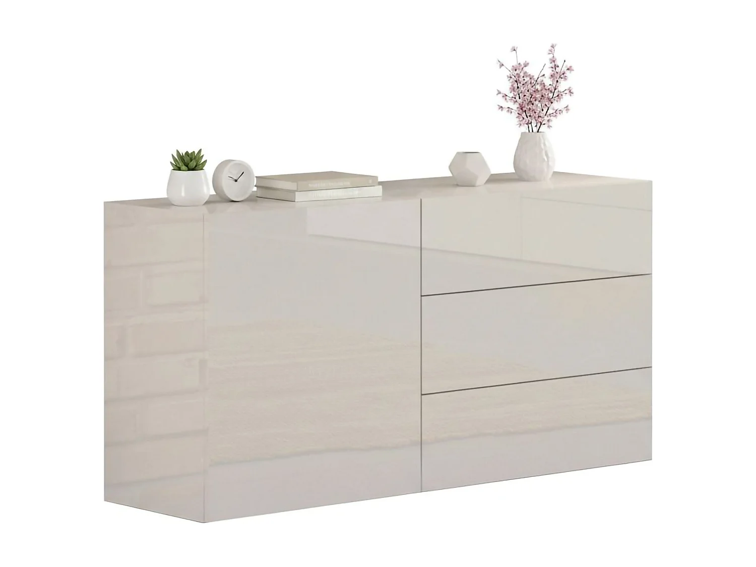 Buffet Enrico, Buffet de cuisine avec 1 porte et 3 tiroirs, Buffet de salon, Buffet de cuisine, 100% Made in Italy, 110x40h35 cm, Blanc brillant