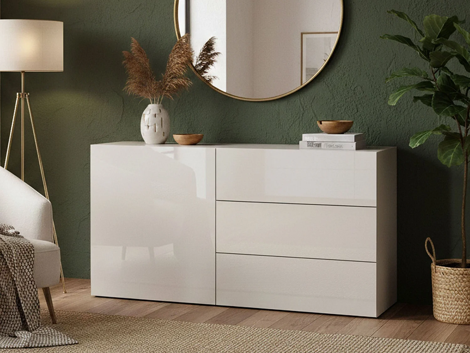 Buffet Enrico, Buffet de cuisine avec 1 porte et 3 tiroirs, Buffet de salon, Buffet de cuisine, 100% Made in Italy, 110x40h35 cm, Blanc brillant
