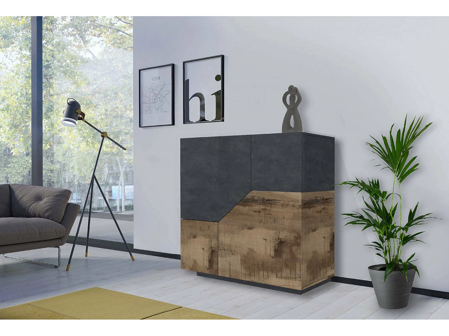 Aparador Domenico, Aparador de cozinha com 2 portas geométricas, Buffet de sala, Aparador de cozinha, 100% Fabricado em Itália, 79x43h86 cm, Ardósia e Bordo