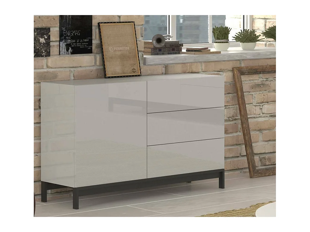 Buffet Sebastiano, Buffet de cuisine avec 1 porte et 3 tiroirs, Buffet de salon, 100% Made in Italy, 110x40h47 cm, Blanc brillant