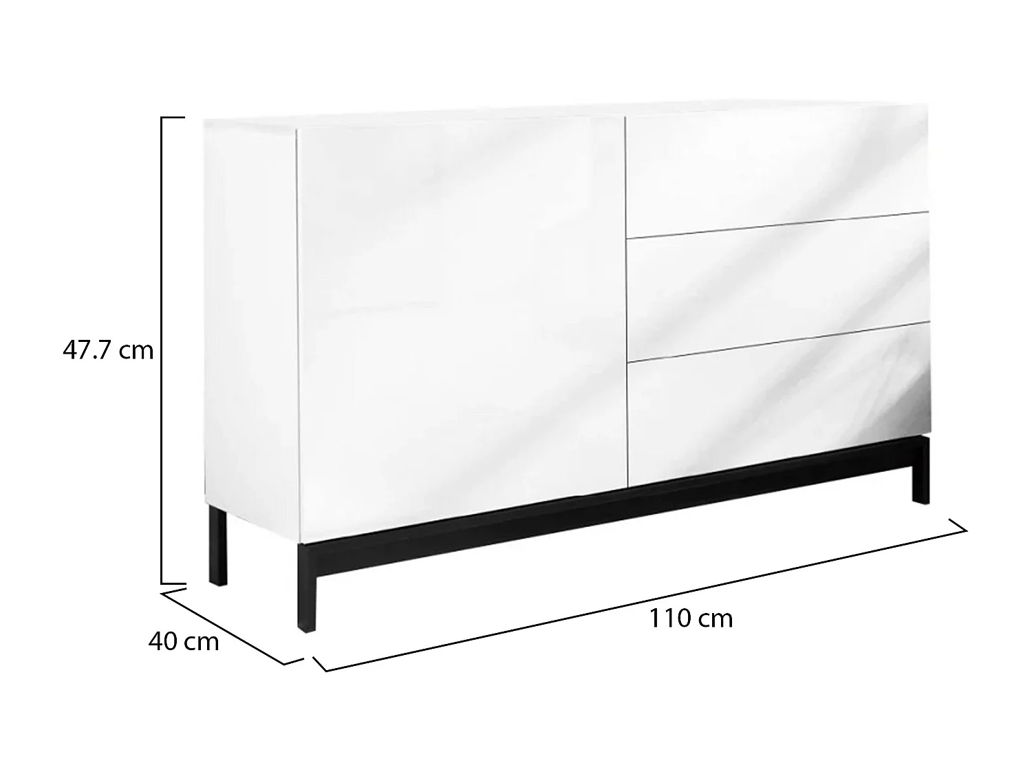 Buffet Sebastiano, Buffet de cuisine avec 1 porte et 3 tiroirs, Buffet de salon, 100% Made in Italy, 110x40h47 cm, Blanc brillant