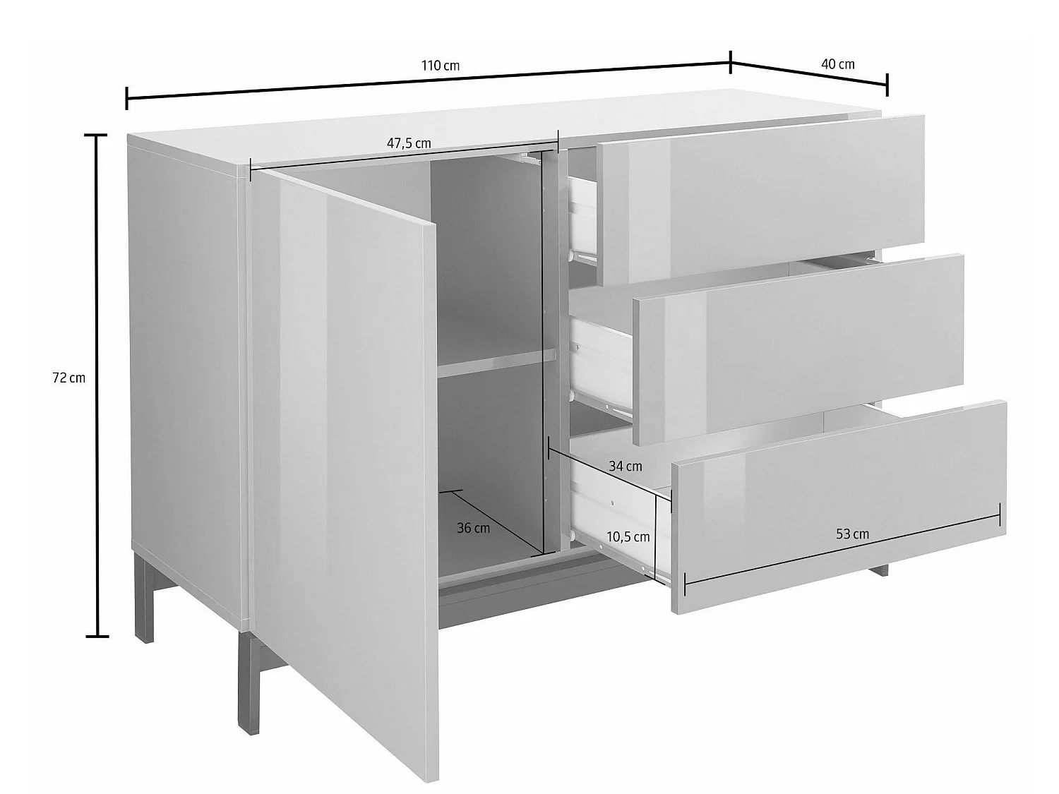 Dmora Kast Sebastiano 40x110x47.7h cm Hoogglans Wit, 1 Schap, 3 Laden, Buffet 2 Vakken, Gemaakt in Italië