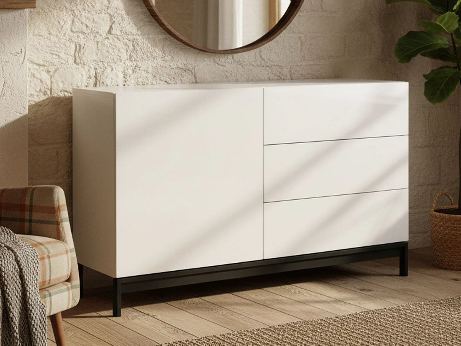 Dmora Kast Sebastiano 40x110x47.7h cm Hoogglans Wit, 1 Schap, 3 Laden, Buffet 2 Vakken, Gemaakt in Italië