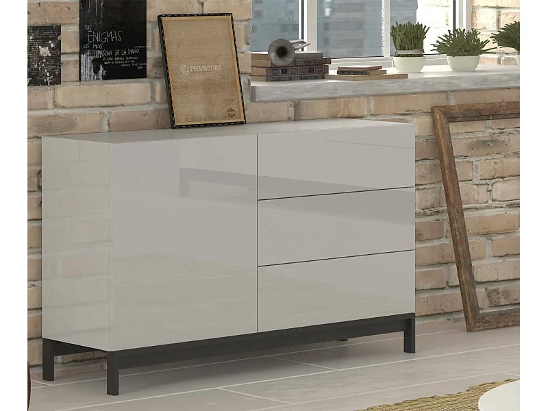 Buffet Sebastiano, Buffet de cuisine avec 1 porte et 3 tiroirs, Buffet de salon, 100% Made in Italy, 110x40h47 cm, Blanc brillant