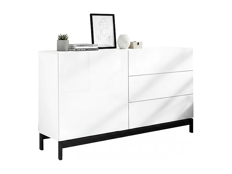 Credenza Sebastiano, Madia da cucina a 1 anta e 3 cassetti, Buffet da soggiorno, 100% Made in Italy, cm 110x40h47, Bianco lucido