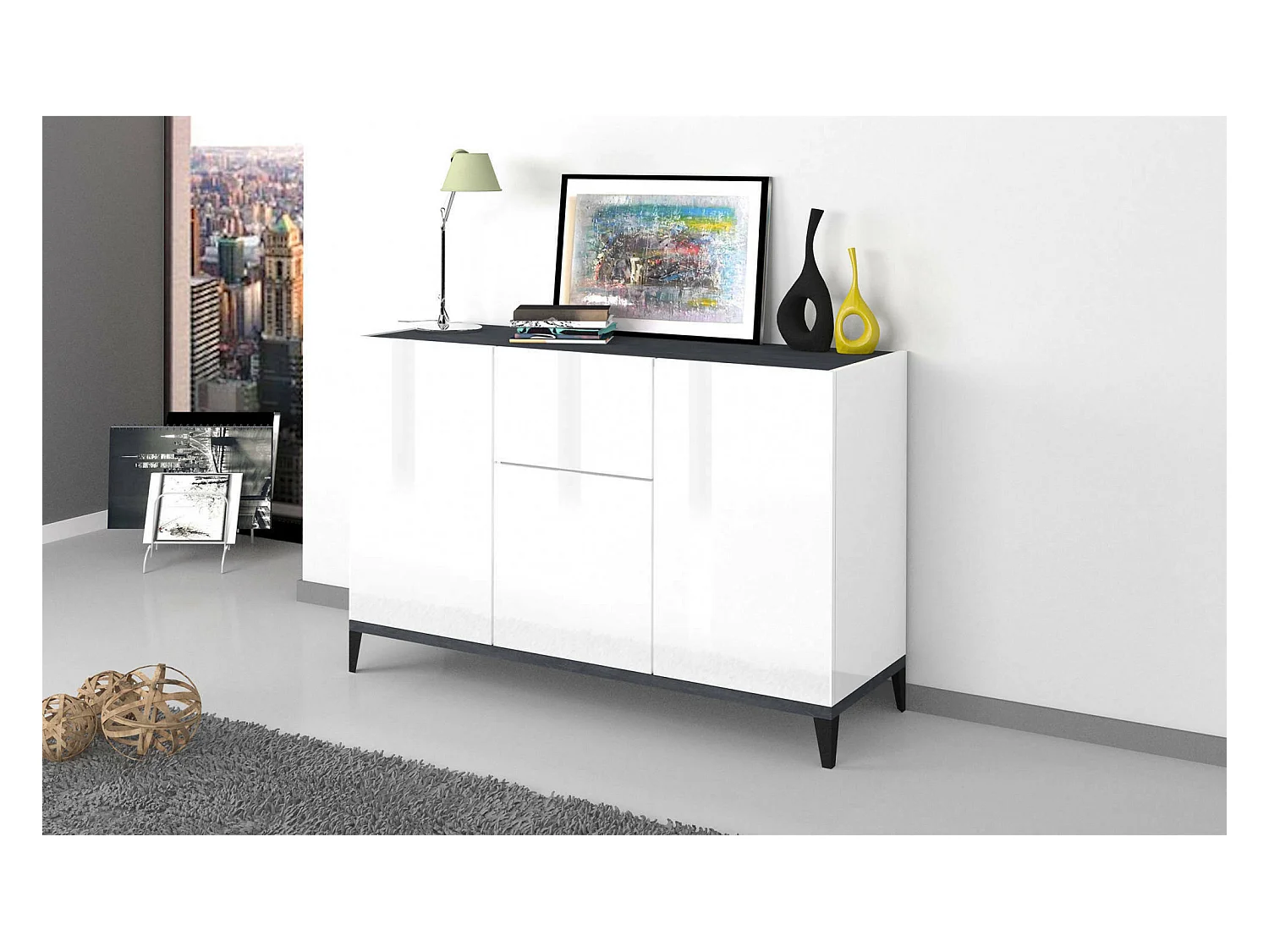 Giorgio dressoir, Keukendressoir met 3 deuren en 1 lade, Woonkamerbuffet, Keukendressoir, 100% Made in Italy, 120x40h82 cm, Glanzend wit en leisteen