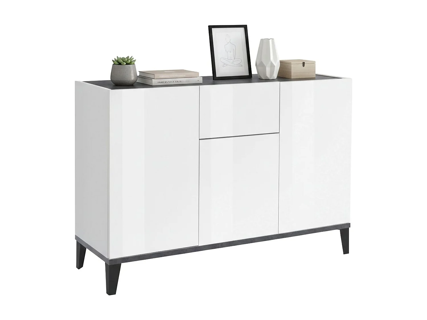 Dmora Dressoir Giorgio 40x120x82 cm Wit Glans 2 Planken, 1 Lade, 3 Deuren Made in Italy