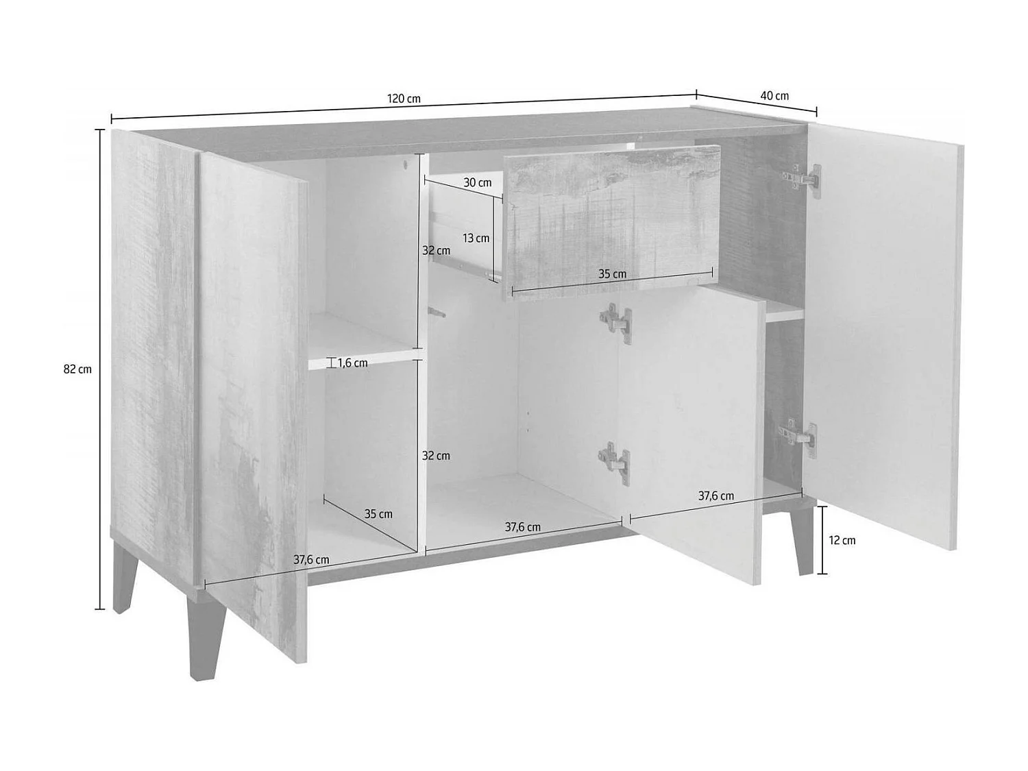 Dmora Dressoir Giorgio 40x120x82 cm Wit Glans 2 Planken, 1 Lade, 3 Deuren Made in Italy
