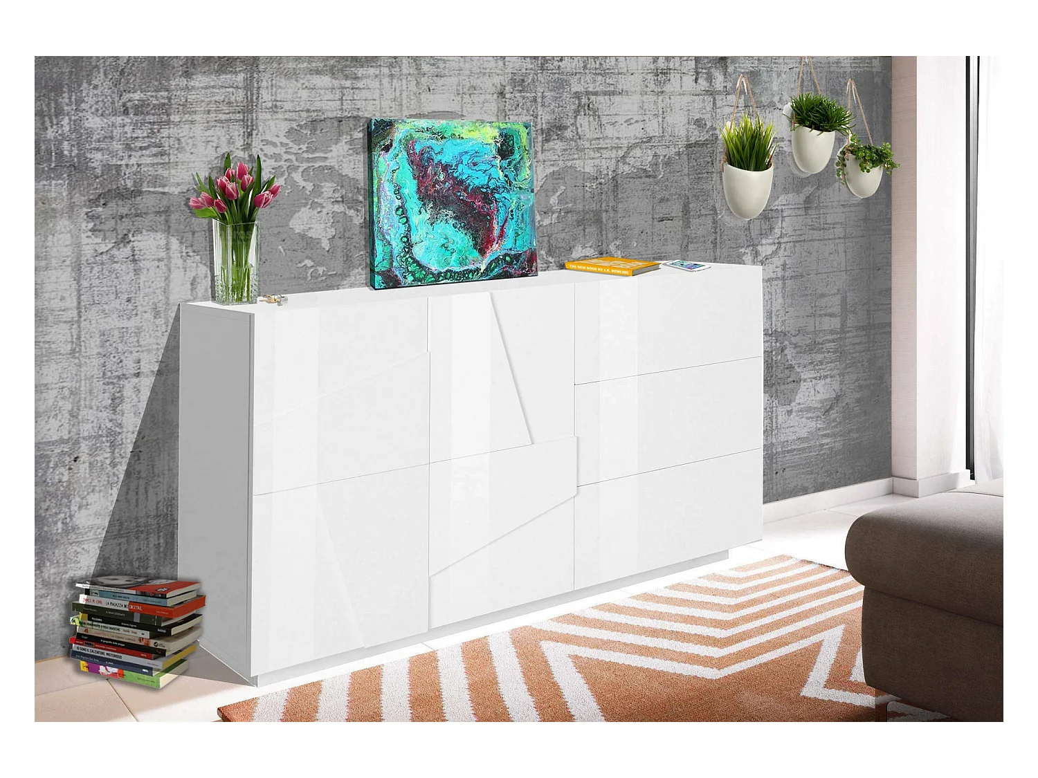 Noè dressoir, Keukendressoir met 2 deuren en 3 laden, Woonkamerbuffet, 100% Made in Italy, 143x44h86 cm, Glanzend wit