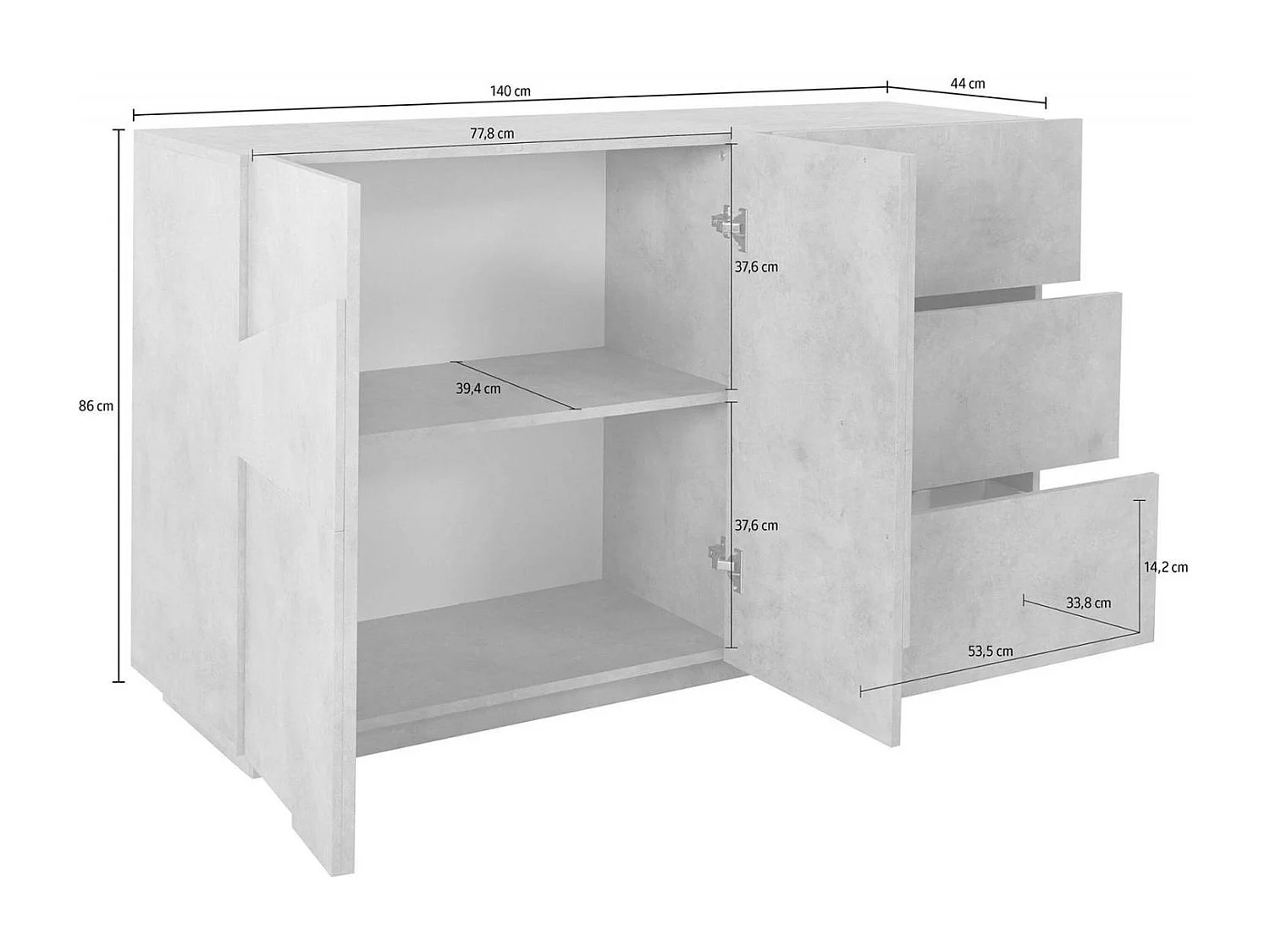 Aparador Noè, Aparador de cozinha com 2 portas e 3 gavetas, Buffet de sala, 100% Fabricado em Itália, 143x44h86 cm, Branco brilhante