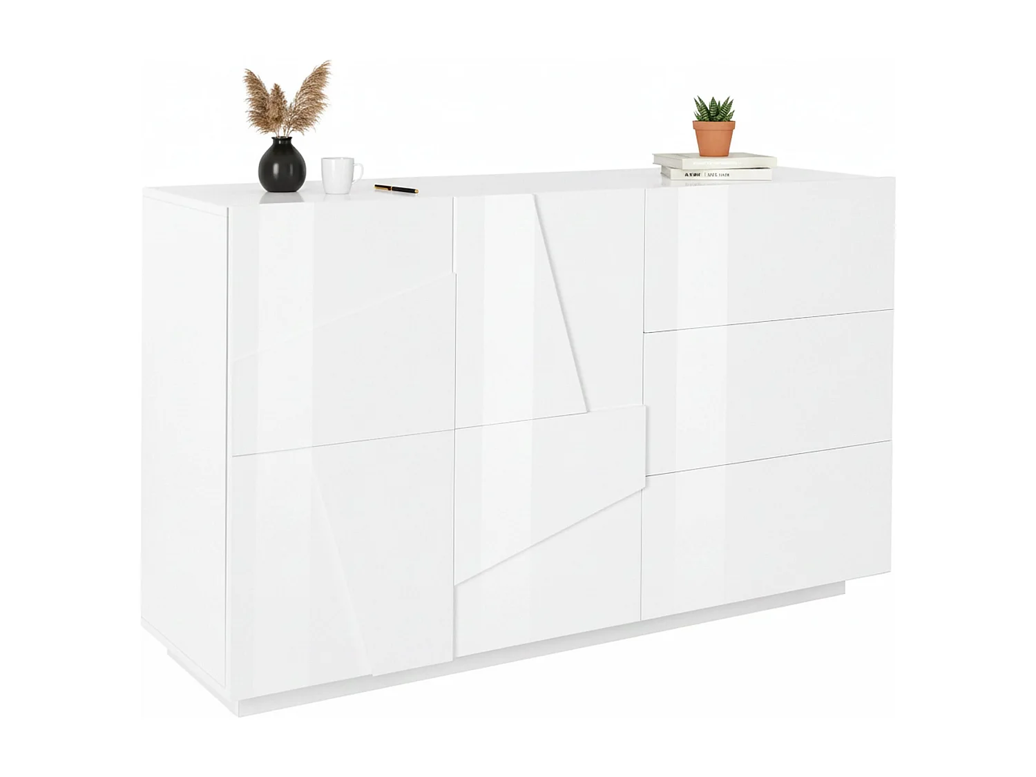 Aparador Noè, Aparador de cozinha com 2 portas e 3 gavetas, Buffet de sala, 100% Fabricado em Itália, 143x44h86 cm, Branco brilhante