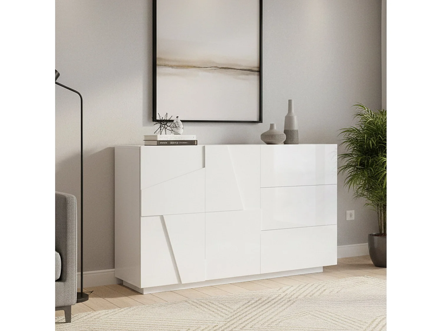 Aparador Noè, Aparador de cozinha com 2 portas e 3 gavetas, Buffet de sala, 100% Fabricado em Itália, 143x44h86 cm, Branco brilhante