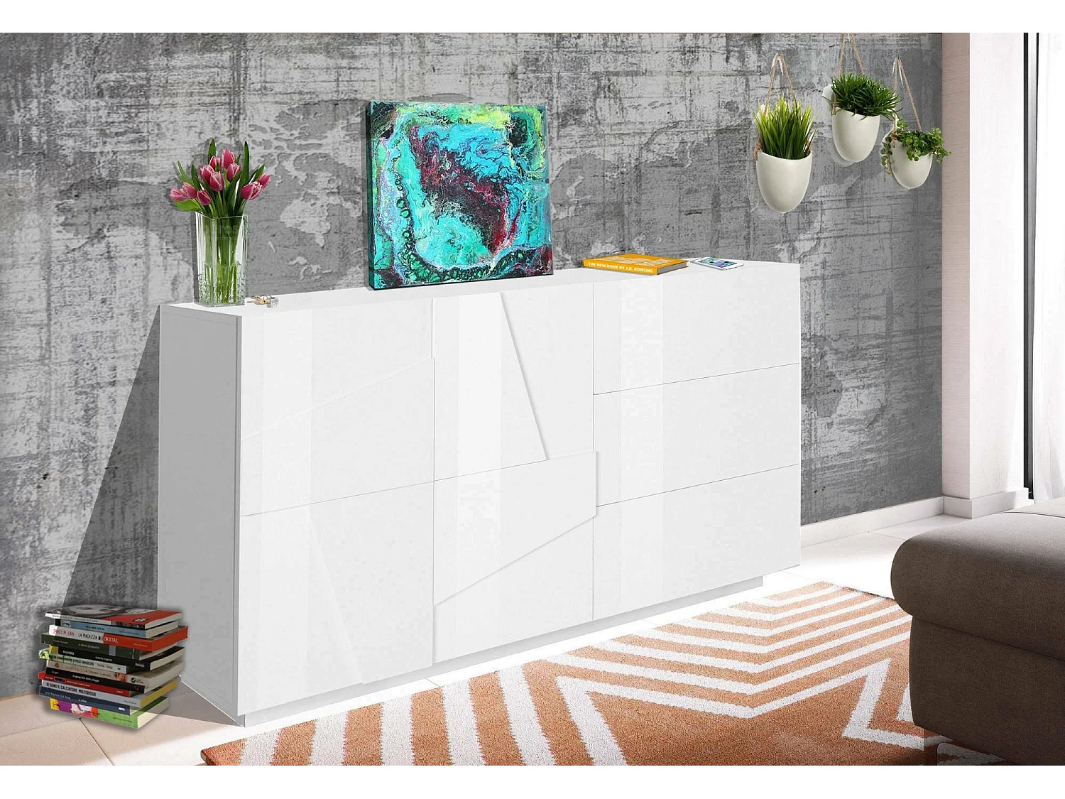 Aparador Noè, Aparador de cozinha com 2 portas e 3 gavetas, Buffet de sala, 100% Fabricado em Itália, 143x44h86 cm, Branco brilhante