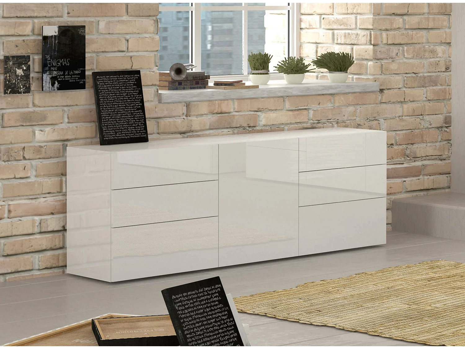 Buffet Elio, Buffet de cuisine avec 1 porte et 6 tiroirs, Buffet de salon, Buffet de cuisine, 100% Made in Italy, 170x40h35 cm, Blanc brillant