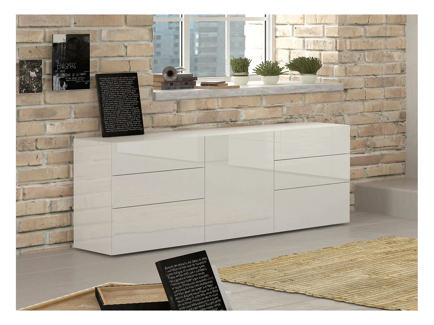 Buffet Elio, Buffet de cuisine avec 1 porte et 6 tiroirs, Buffet de salon, Buffet de cuisine, 100% Made in Italy, 170x40h35 cm, Blanc brillant