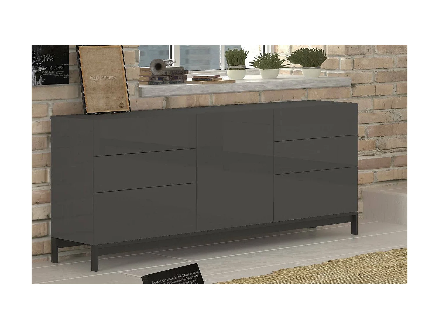 Edi dressoir, Keukendressoir met 1 deur en 6 laden, Woonkamerbuffet, Keukendressoir, 100% Made in Italy, 170x40h47 cm, Glanzend Antraciet
