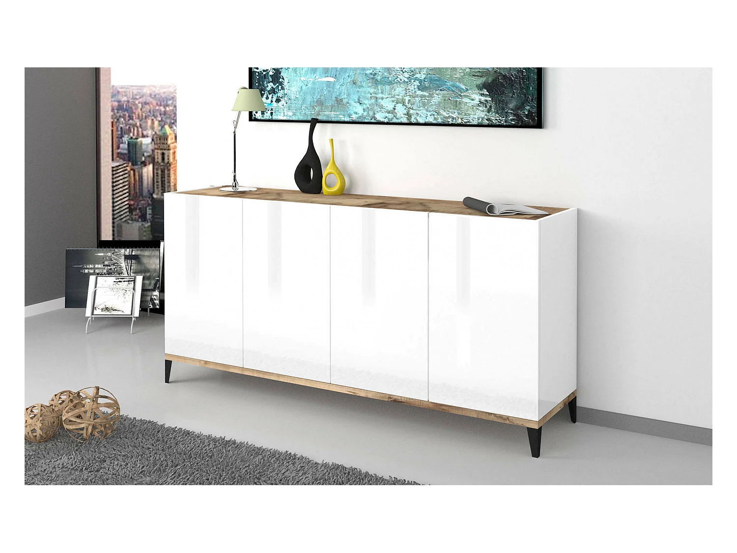 Buffet Liam, Buffet de cuisine avec 4 portes, Buffet de salon, 100% Made in Italy, 160x40h82 cm, Blanc brillant et Érable