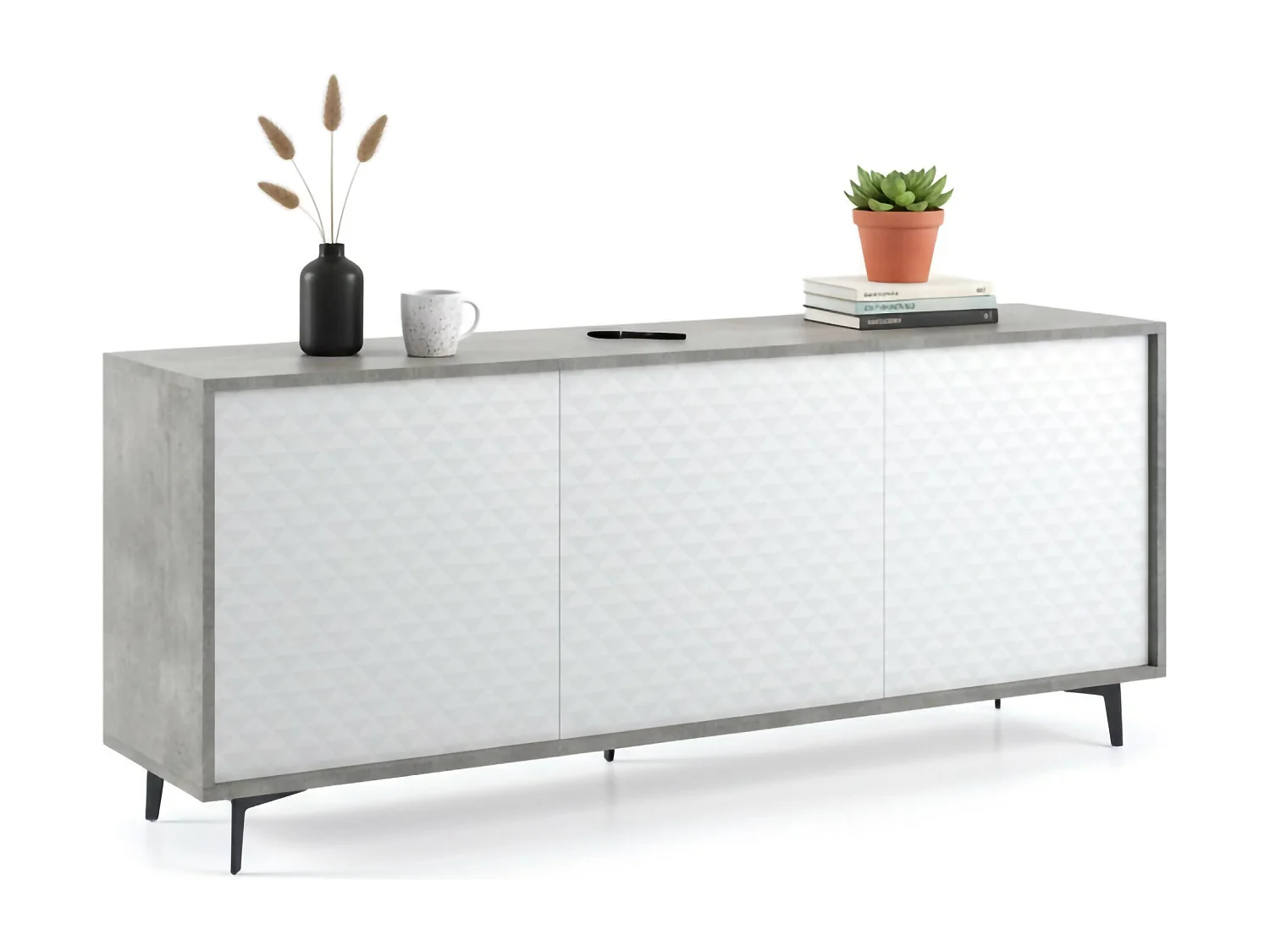 Buffet Fresia, Buffet avec 3 portes et 1 étagère réglable, Buffet de salon élégant, Meuble TV, 100% Made in Italy, 184x45h77 cm, Blanc et Ciment